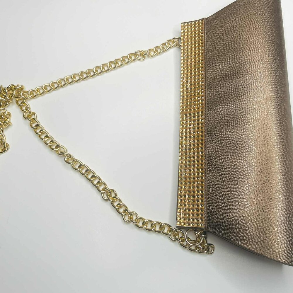 Vintage Bronze Gold Rhinestone Clutch w Chain Strap Evening Bag - Picture 7 of 8